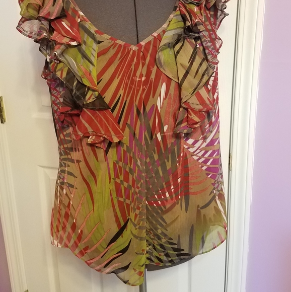 Sheer Bold Color Tropical Print V-Neck Tank - Picture 2 of 4